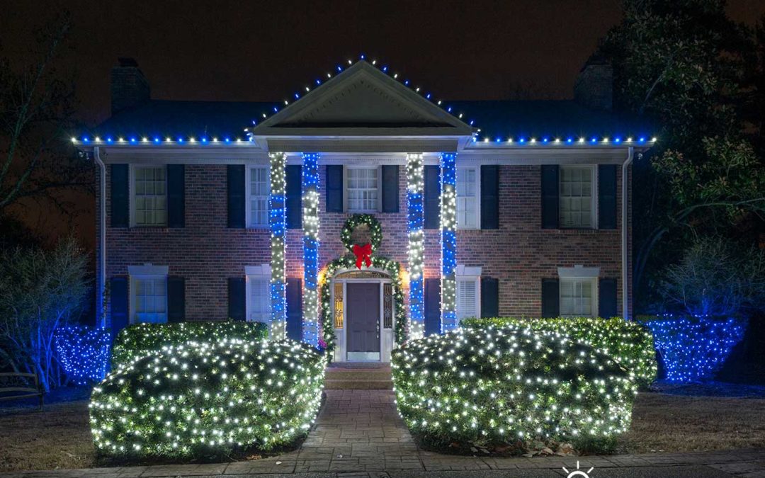 blue and pure white holiday lights on nashville home