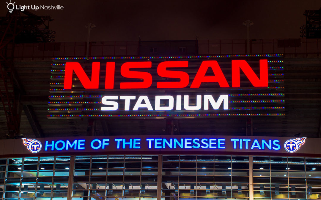 Holiday lights on Titans stadium sign