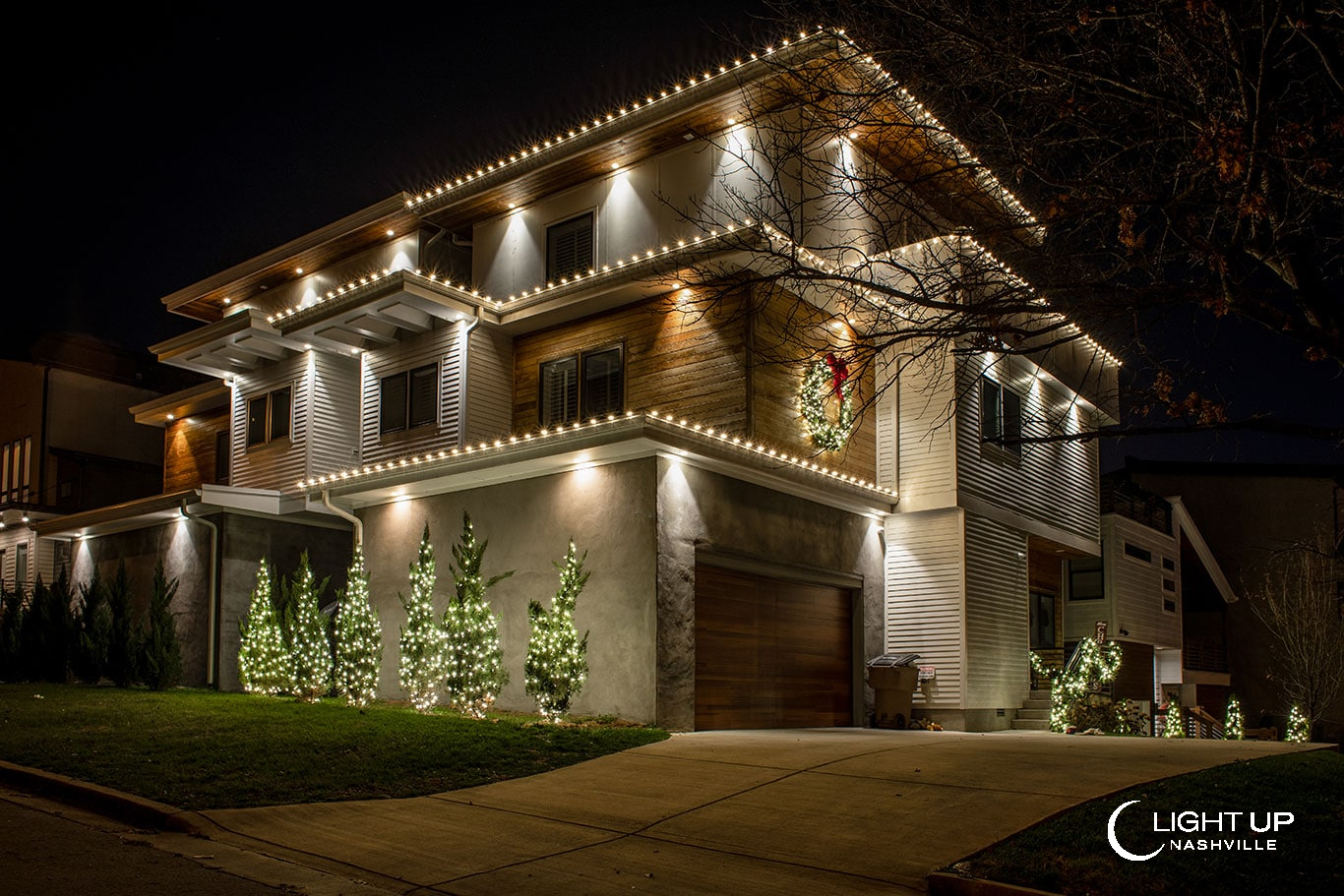 modern home with white roofline lights