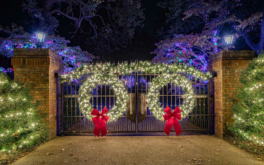 christmas lights on entrance gate
