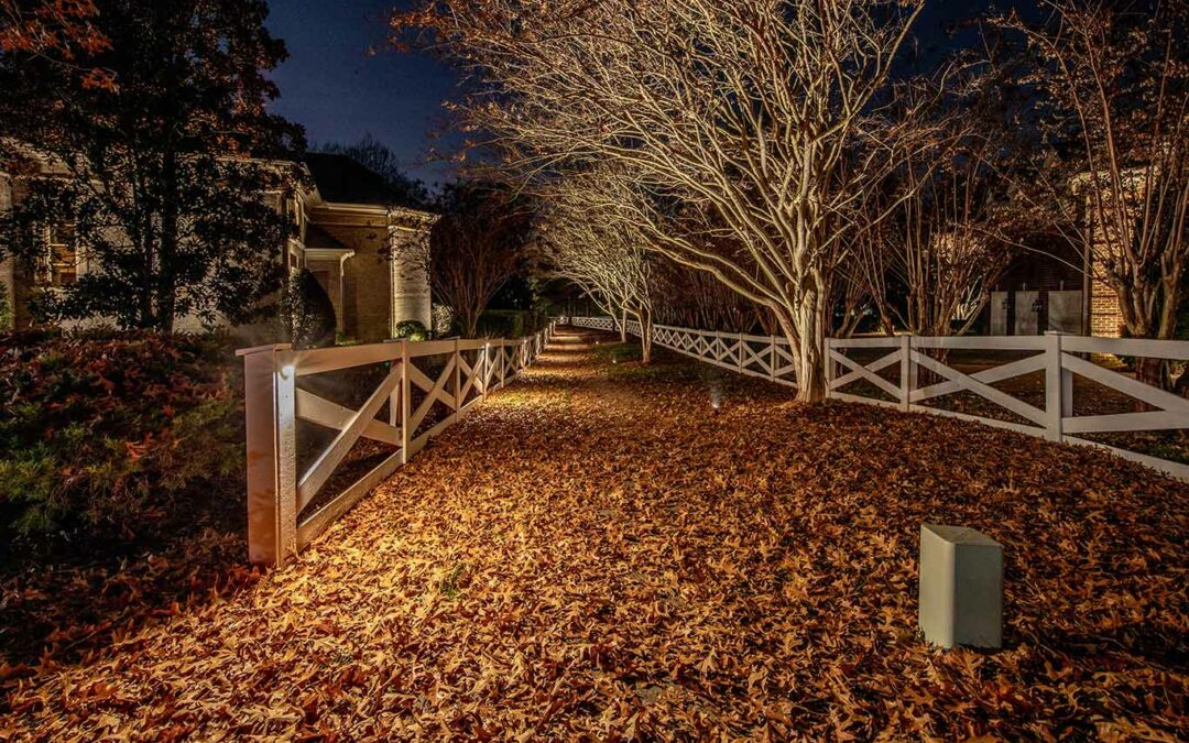 fence mounted downlights lighting a walkway along a path at night increase nighttime safety, security and curb appeal