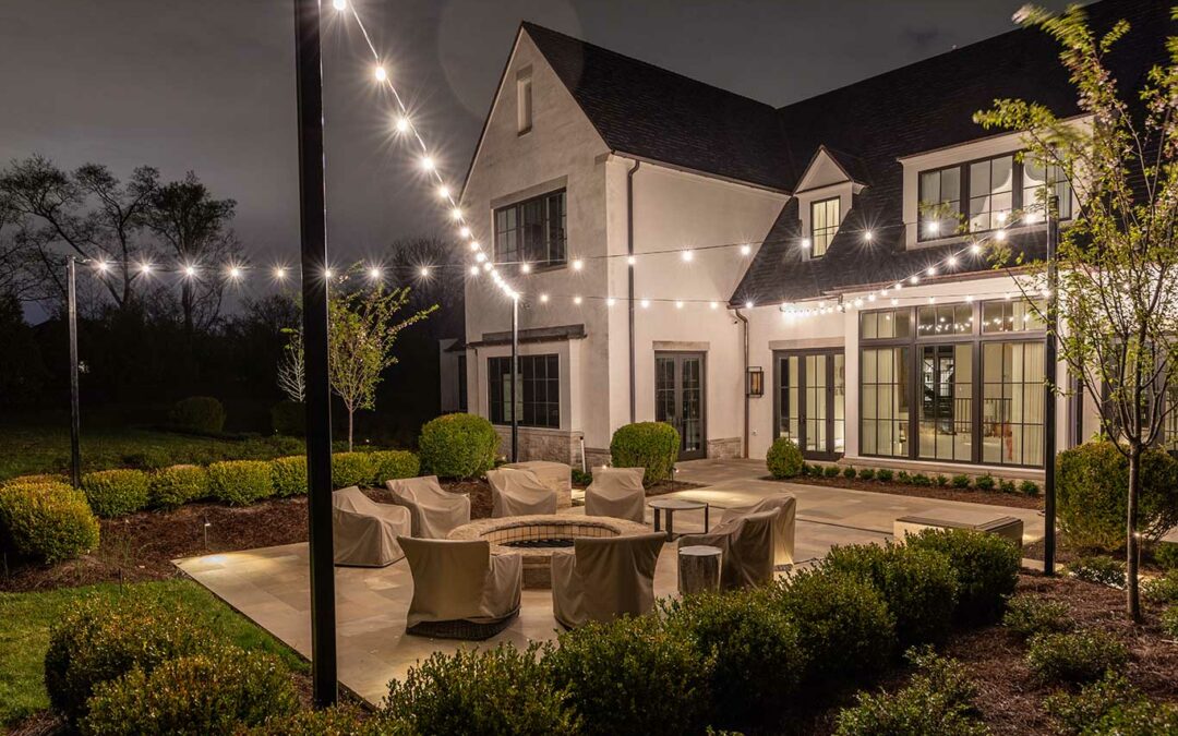 outdoor string lights with pole installed in backyard